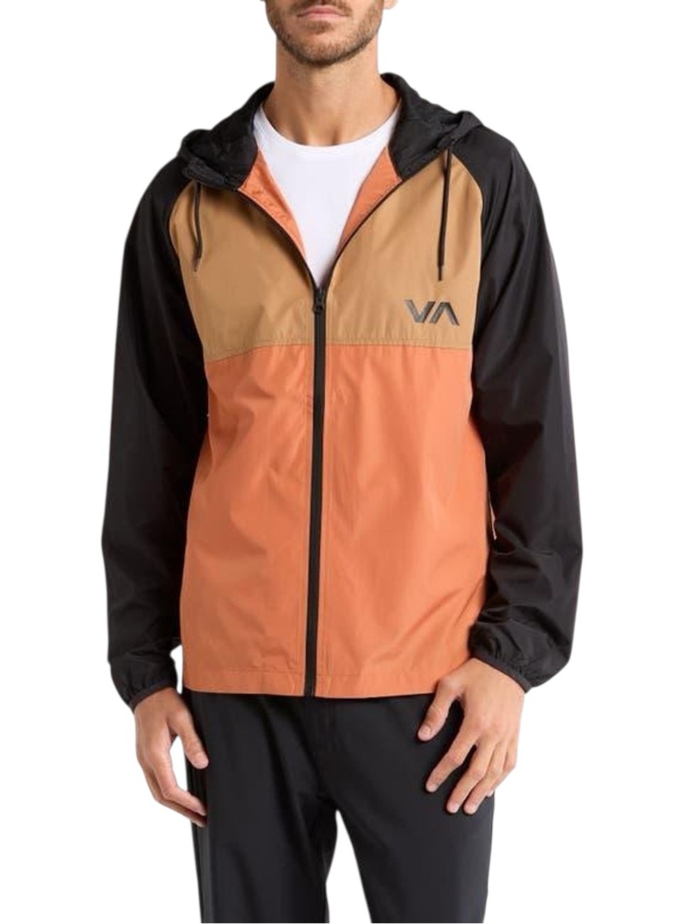 RVCA Men's Ryder Windbreaker Jacket NWT Black Orange Tan Colorblock Full Zip